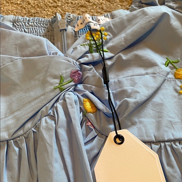 ENGLISH FACTORY Floral Embroidered Puff Slv Babydoll Powder Blue Multi XS *flaw - Picture 5 of 16